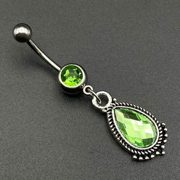 316L Stainless Steel with Emerald Green Cubic Zirconia Teardrop 14G Belly Ring - Picture 1 of 7